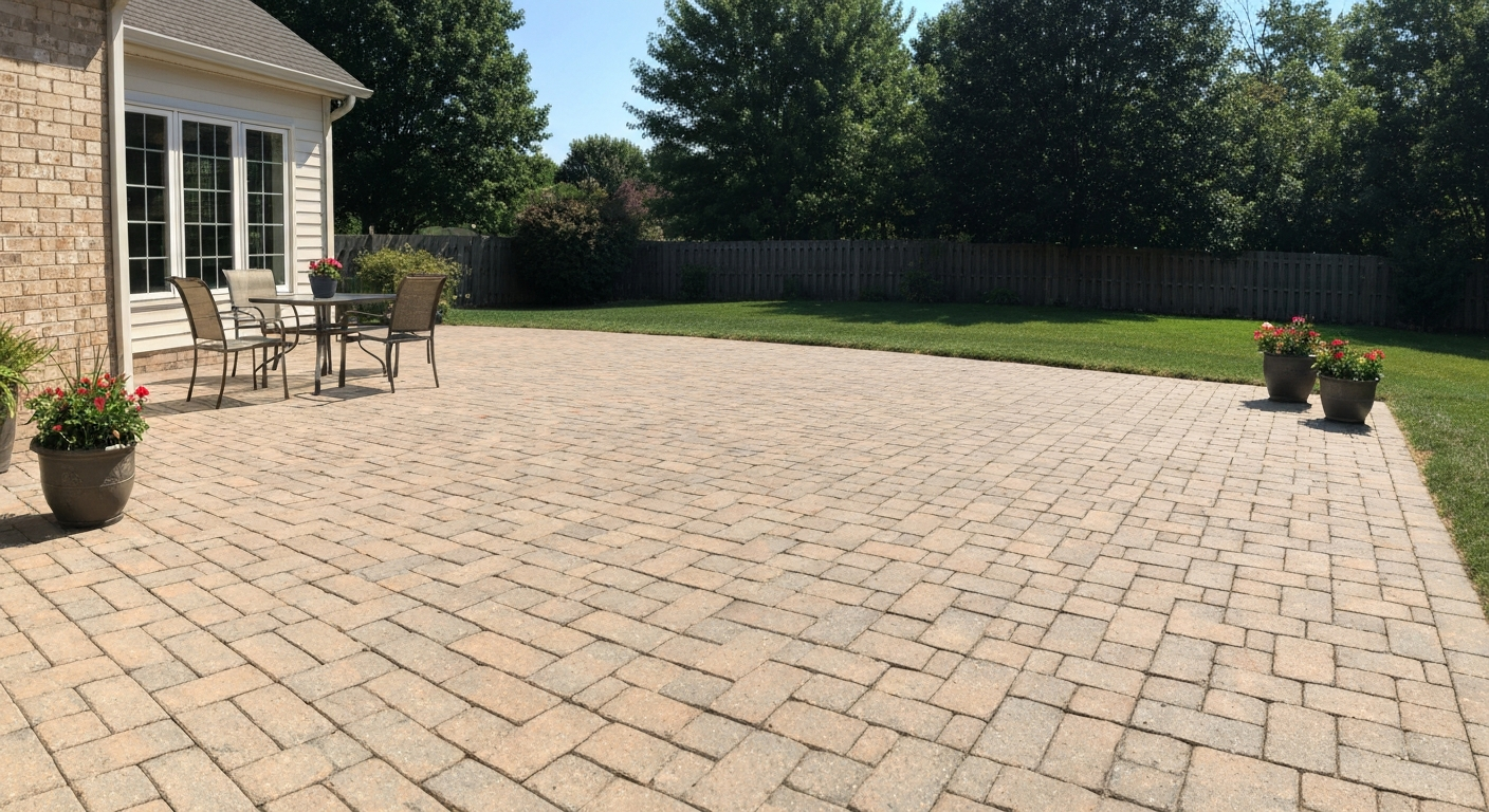 Freshly cleaned and sealed patio pavers with neat joints, outdoor furniture, and tidy landscaping.