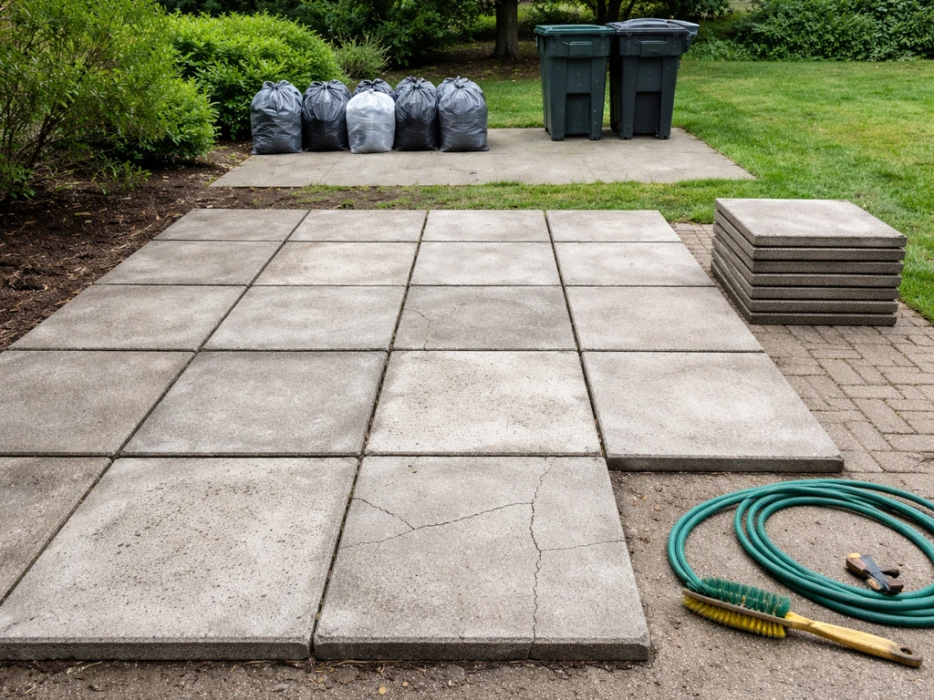Salvaged cracked patio slabs staged outdoors with a separate safe disposal area in the background.