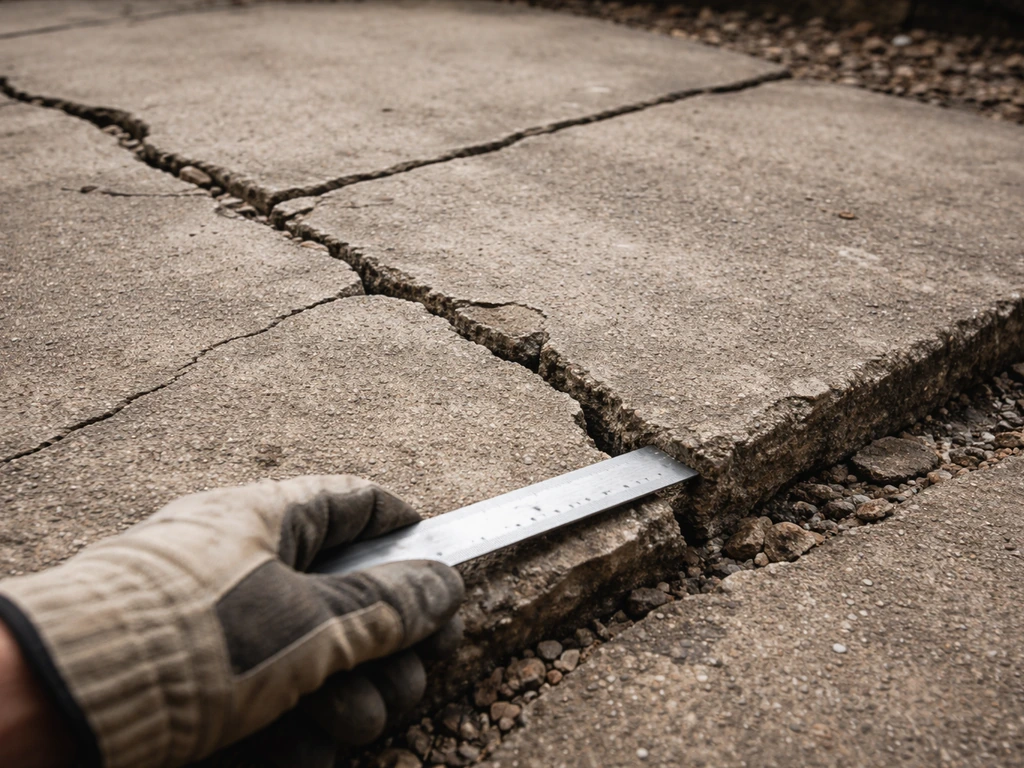 Close-up of an old patio slab with deep cracks while gloved hands inspect the surface.