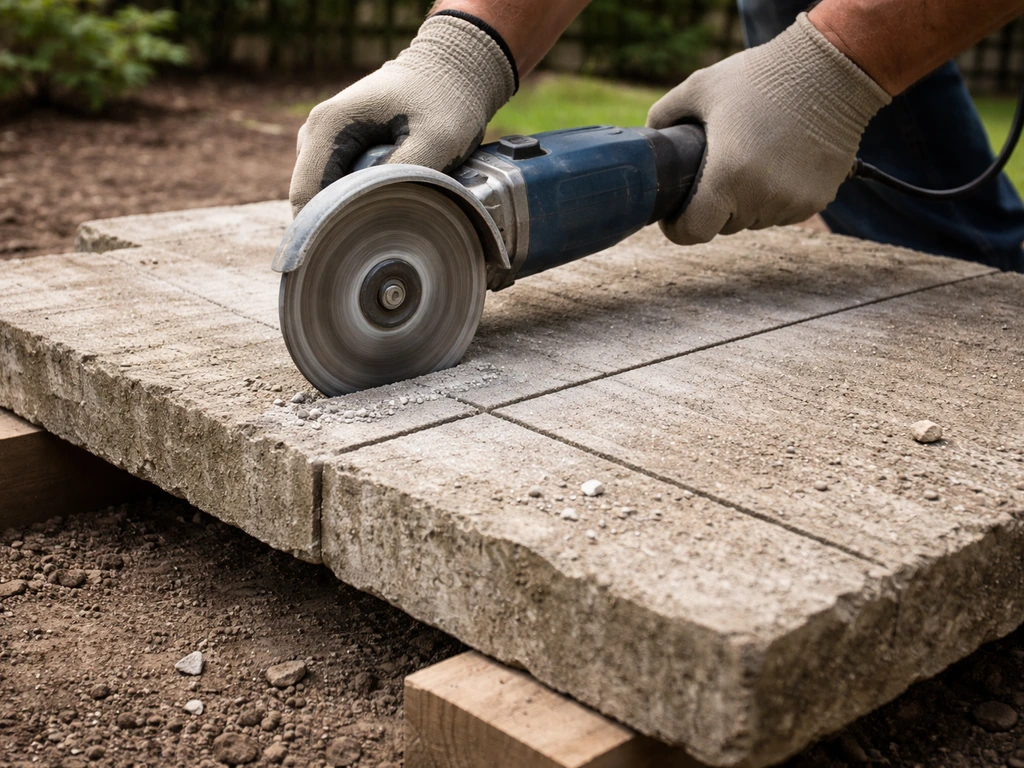 Gloved hands using an angle grinder with a diamond blade to cut an old patio slab with a clean line.