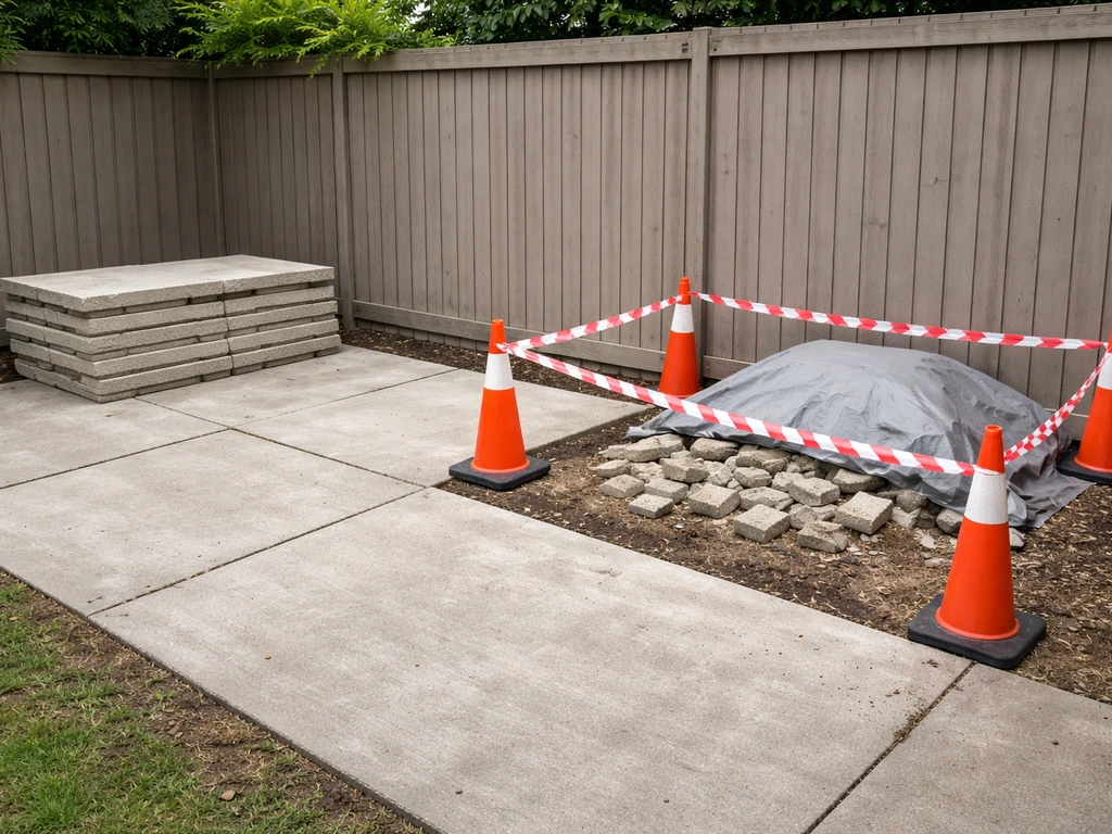 Concrete-slab disposal area with intact slabs separated from broken ones using barrier tape and cones.