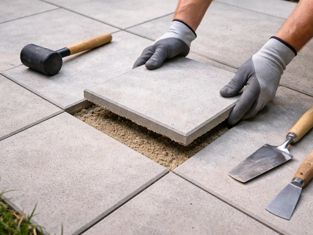 Close-up of a loose patio tile being reset with grout lines nearby and DIY tools staged on the patio.
