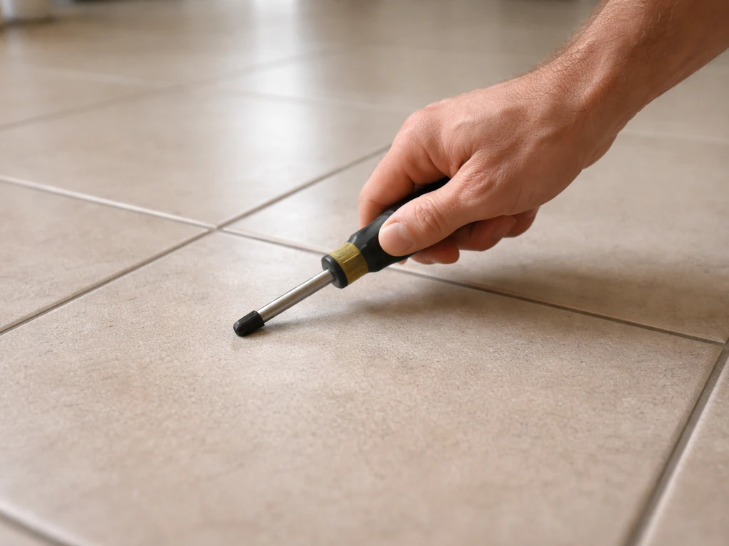 Close-up of a screwdriver handle tapping a floor tile to check for looseness and hollow sound.