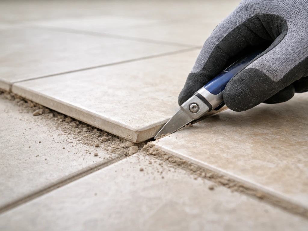 Close-up of a mostly intact tile as grout is carefully cut away around it for re-bonding