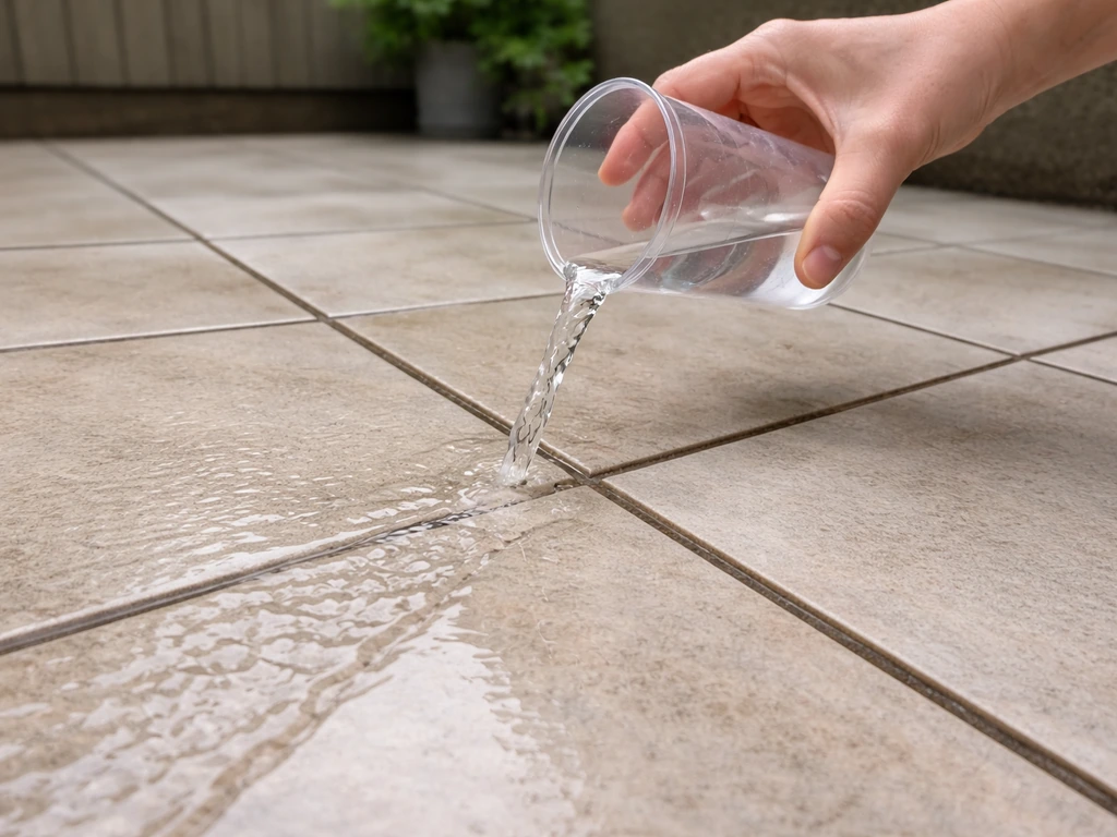 Hand pours water onto patio tiles; water flows downhill away from grout joints toward the edge.