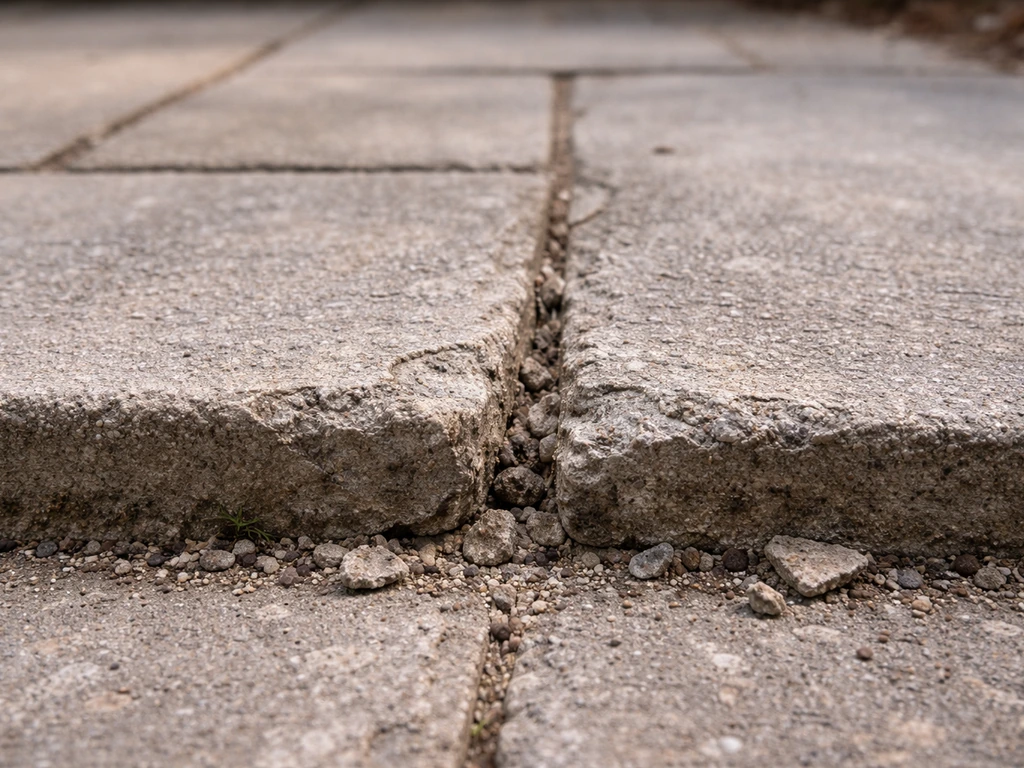 Close-up of a patio slab joint with washed-out, crumbling pointing and visible gaps