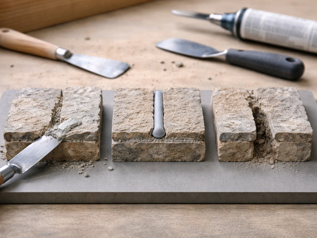 Workbench with three masonry joint repair sample sections showing repointing, backer rod + sealant, and full replacement