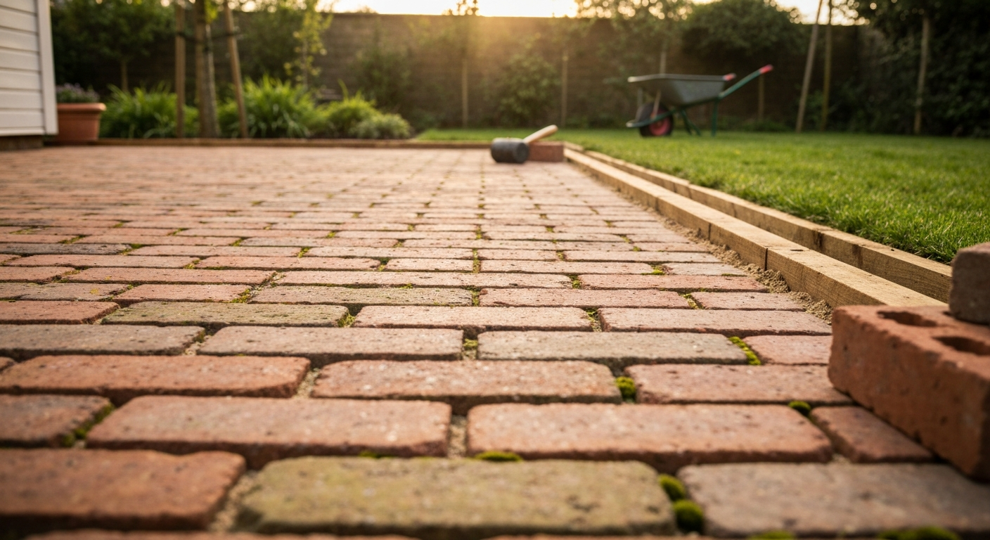 Finished garden patio laid with reclaimed clay bricks, warm light showing texture and neat sand joints