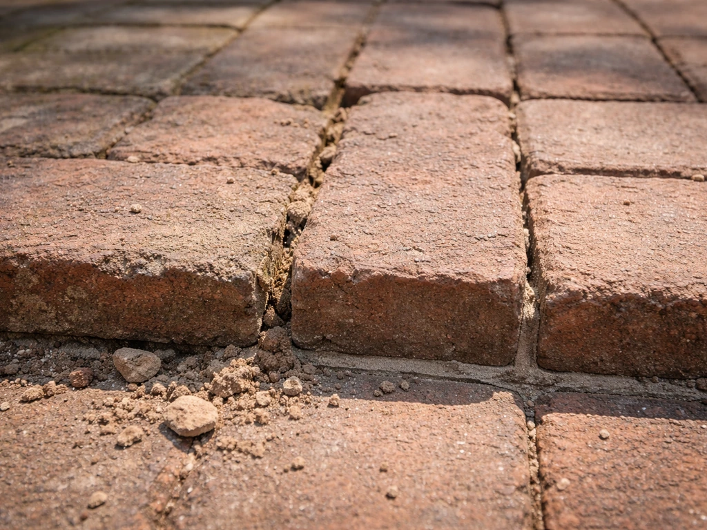 Close-up of damaged brick patio joints beside freshly cleaned mortar gaps ready for repointing.