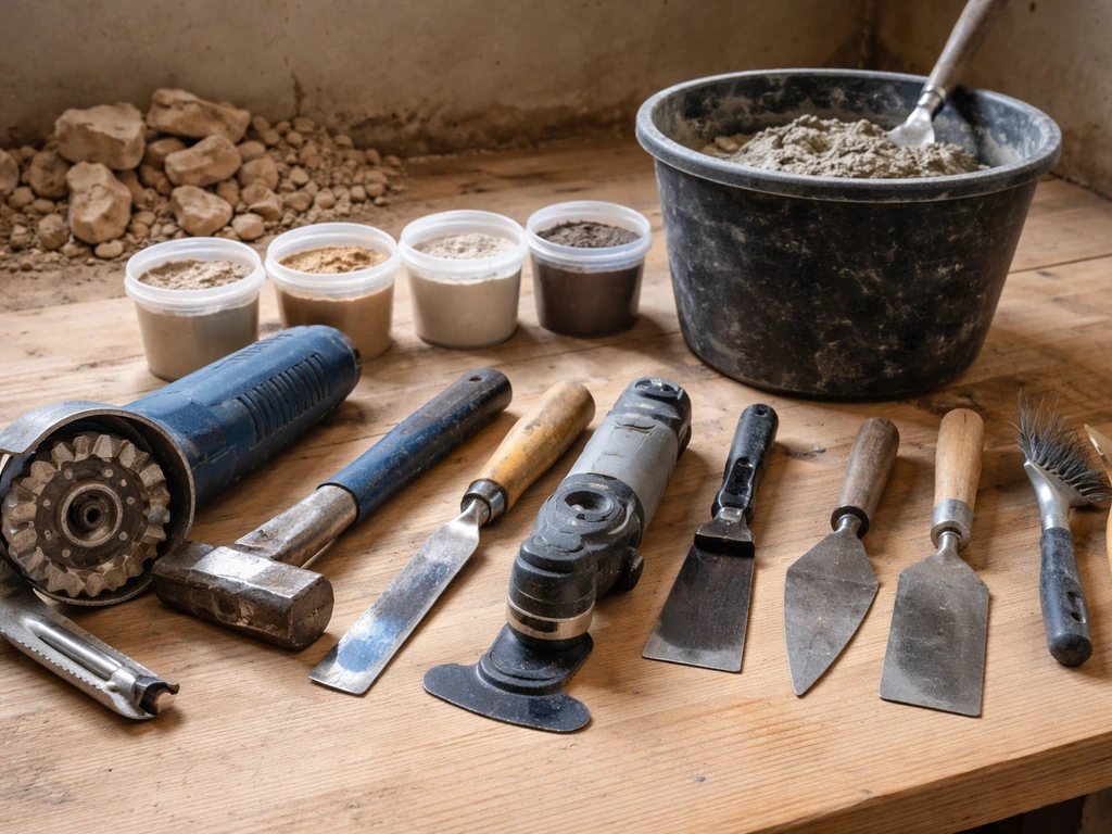 Repointing tools and mortar supplies neatly laid out on a workbench for choosing and applying mortar