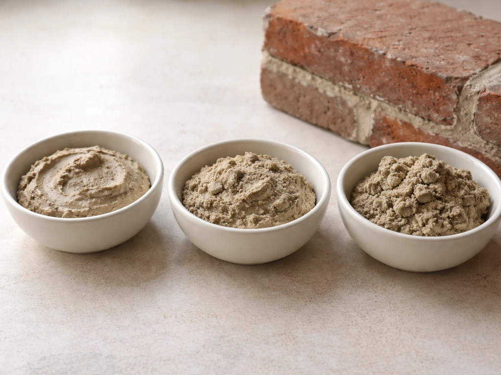 Side-by-side mortar mix bowls with a brick section showing workable vs too-stiff mortar textures.
