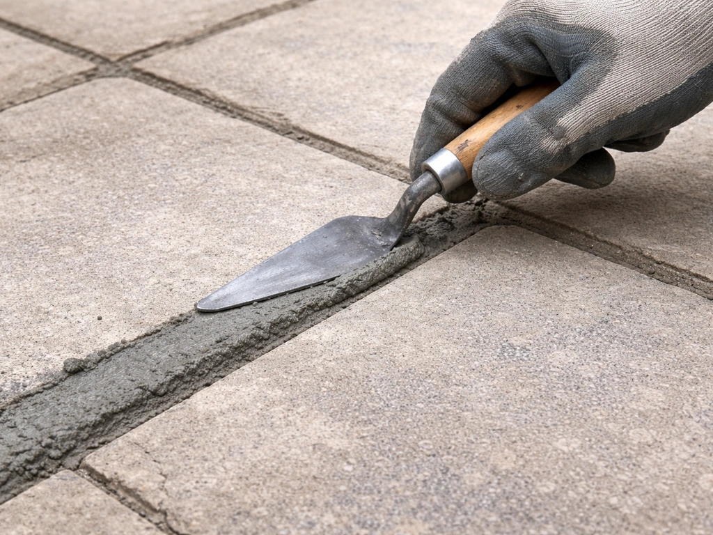 Close-up of new mortar pressed into patio joints and smoothed with a pointing trowel.