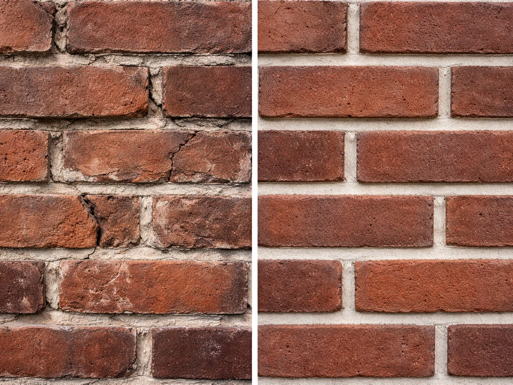 Close-up of damaged bricks from overly strong mortar vs properly matched, smooth brick mortar joints.