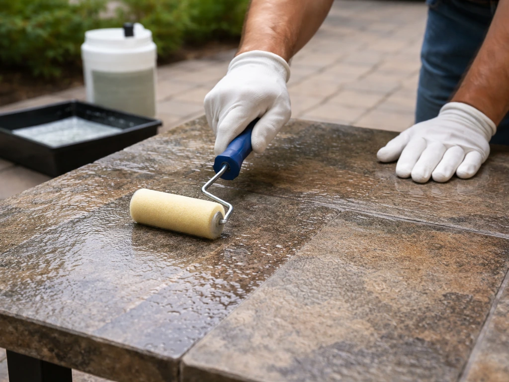 Hands using a foam roller to apply clear sealer on a stone patio table top beside a sealer tray.