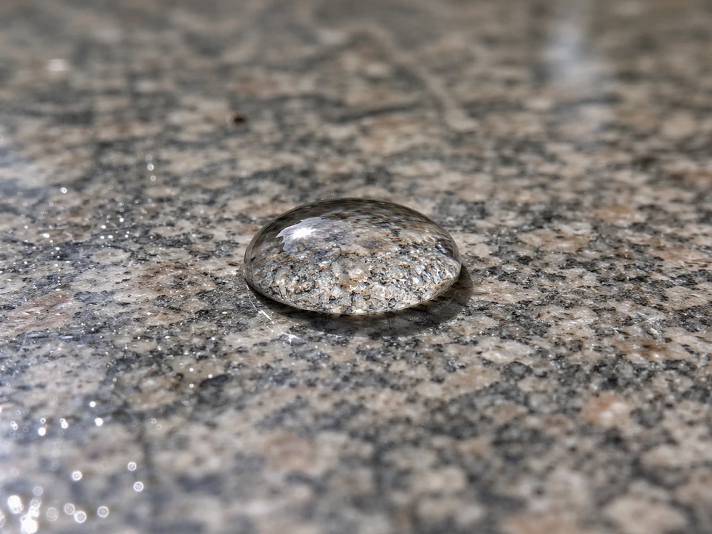 Close-up of a water drop beading on outdoor stone patio surface to show whether it needs sealing.
