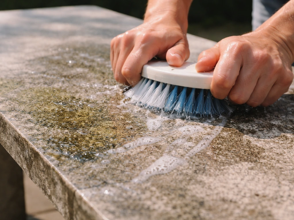Hands scrubbing a weathered stone table with a pH-neutral cleaner and brush, old residue lifting away.