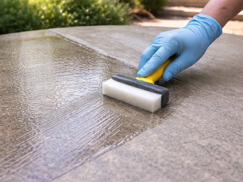 Gloved hand using a foam applicator to spread sealer evenly on a stone patio table top outdoors.