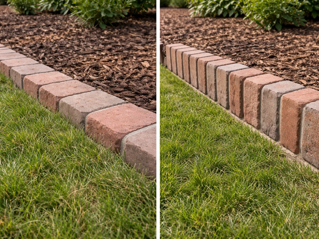 Two adjacent garden border sections showing flat-laid bricks vs upright soldier-style brick edging.