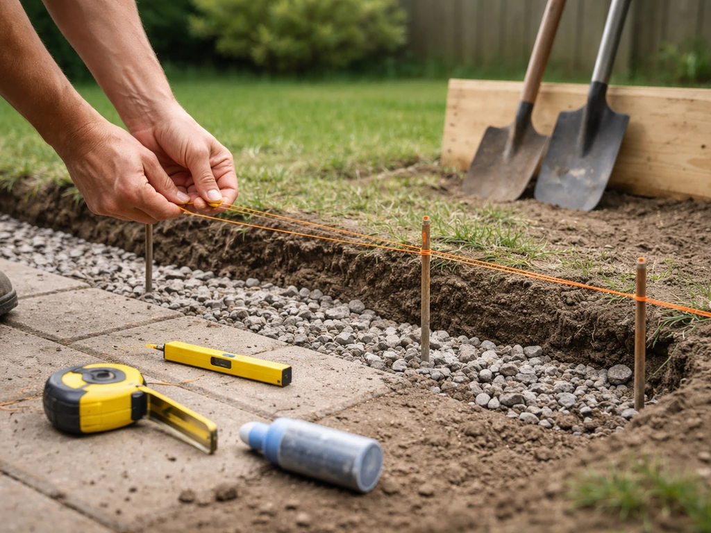 DIY worker’s hands stretch a mason’s line between stakes over soil beside angular gravel and tools.
