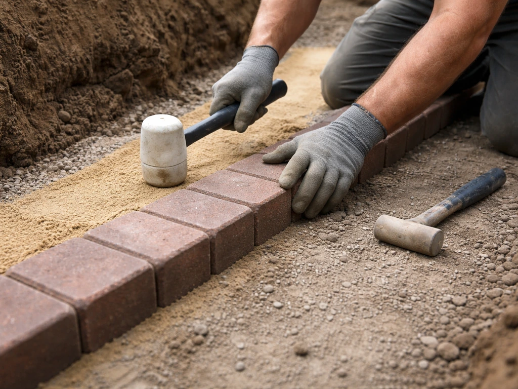 Contractor taps concrete edge bricks set in bedding sand along a patio perimeter trench
