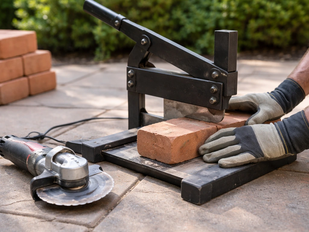 Brick splitter and angle grinder at a patio edge as a brick is cut for a corner or curve.