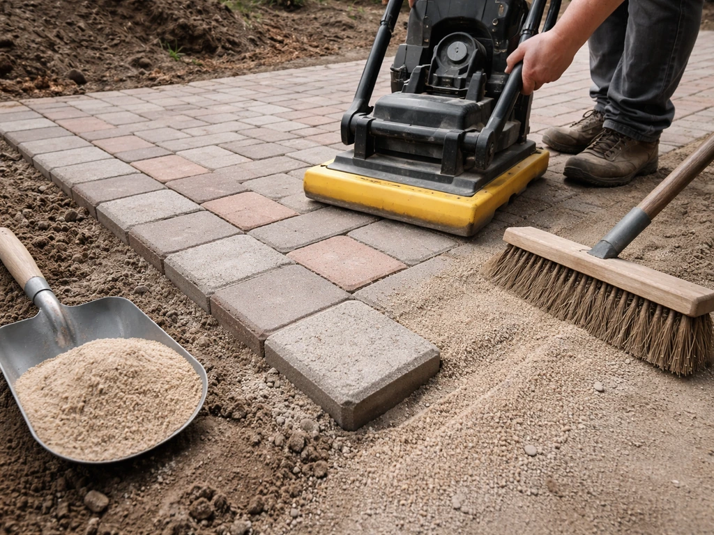 Close-up of compacting brick pavers at the edge and sweeping jointing sand into the joints.