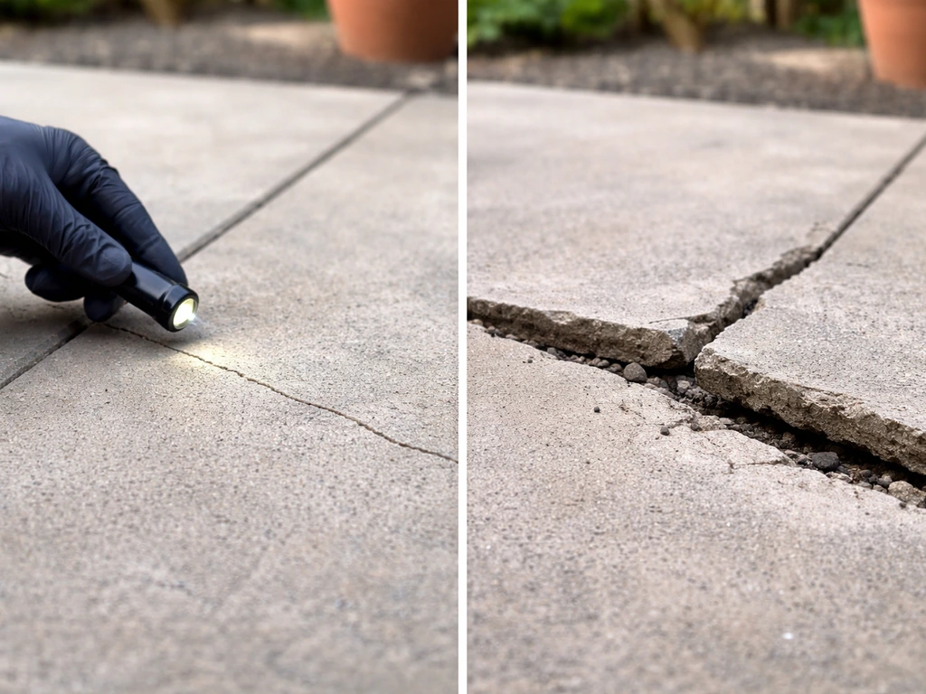 Split view of a hairline-cracked patio slab being inspected versus a broken, unstable slab ready for replacement.