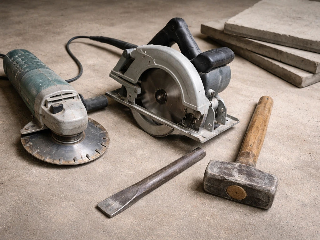 Angle grinder and circular saw with diamond blade, plus cold chisel and lump hammer on a concrete floor.