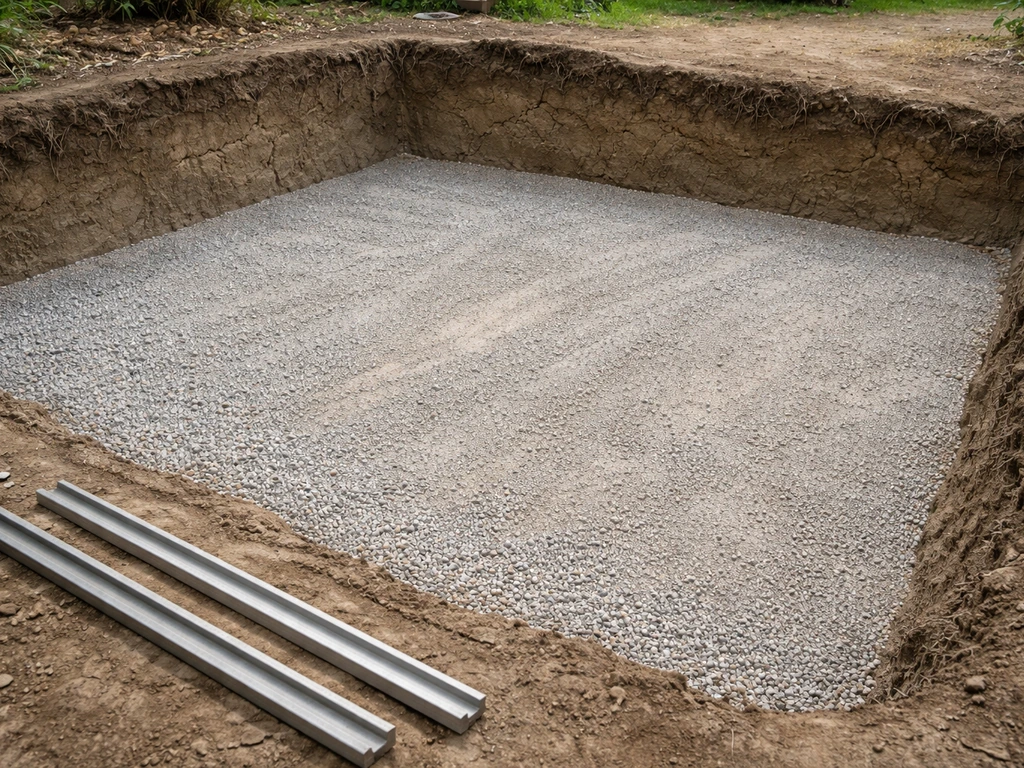 Excavated pit with compacted gravel sub-base and graded drainage surface before installing a slab.