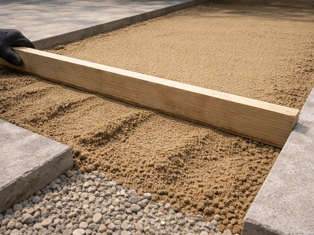Coarse sharp sand spread and leveled with a straight board across slab edges in a simple outdoor patio.