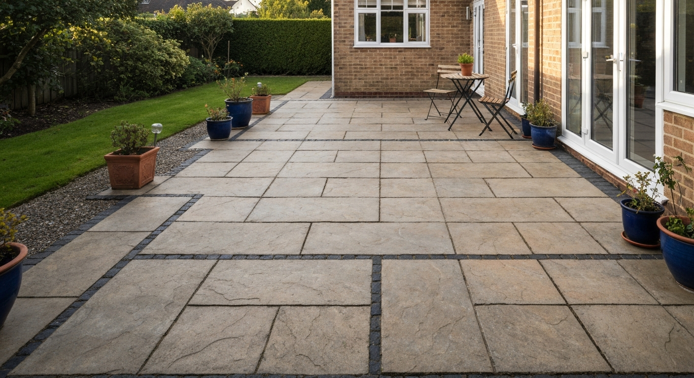 Refreshed residential patio with clean, even slabs, neat jointing and a small table and chairs in warm afternoon light.