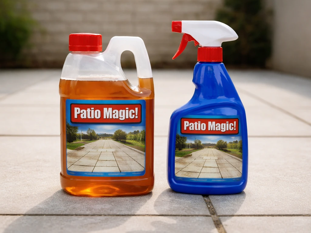 Two Patio Magic! patio biocide bottles side-by-side: concentrate and ready-to-use trigger spray on a patio.