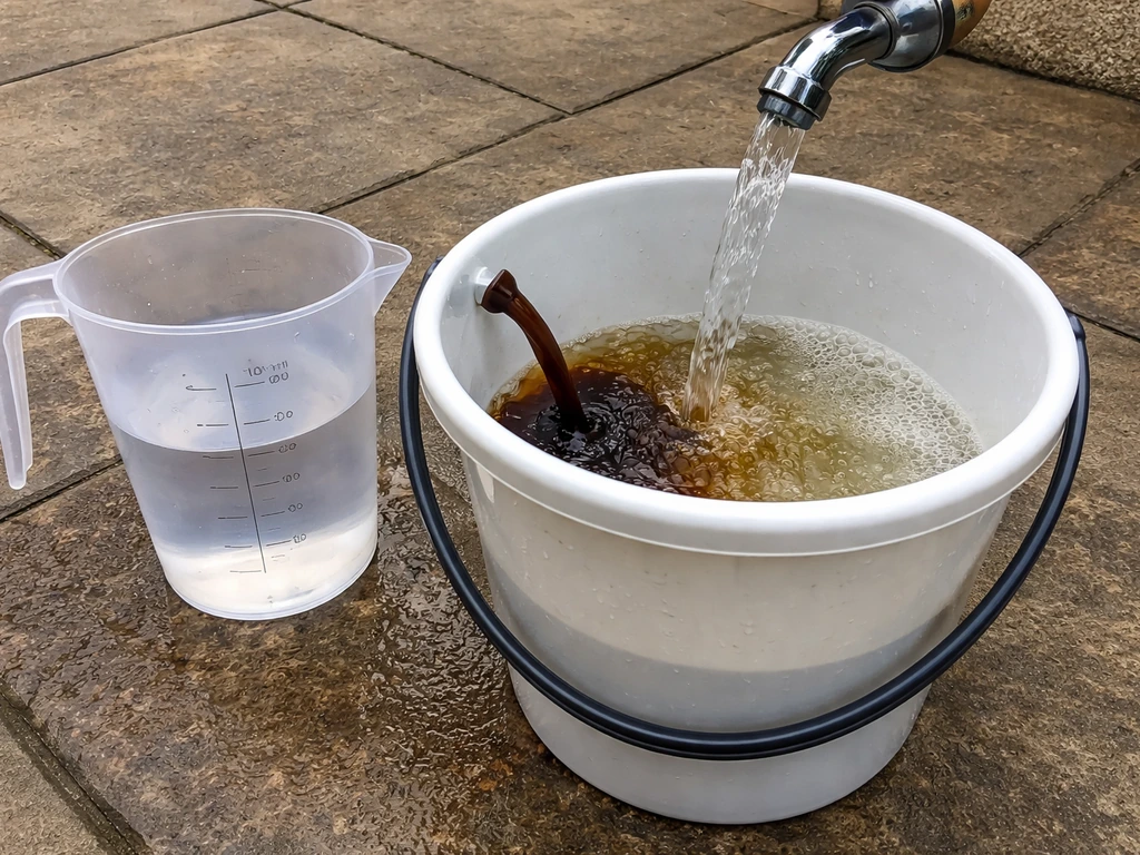 Bucket with concentrate and water being mixed, with a measuring jug indicating the 500ml amount.