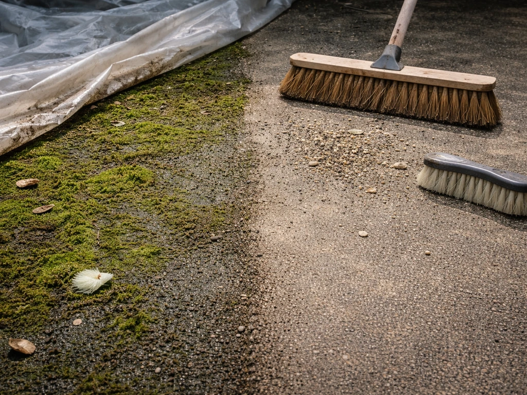 Concrete patio with green slime and algae, with a freshly cleared area and small debris near the edge