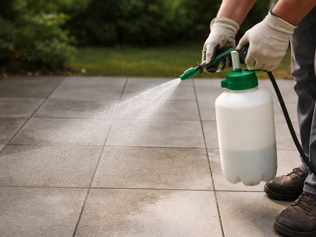 Hands in gloves spraying fine mist from a garden pump sprayer evenly across a patio surface.