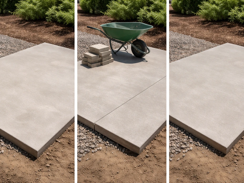 Minimal patio slab scene showing three stages: early light wear, light-load placement, and fully cured finish.