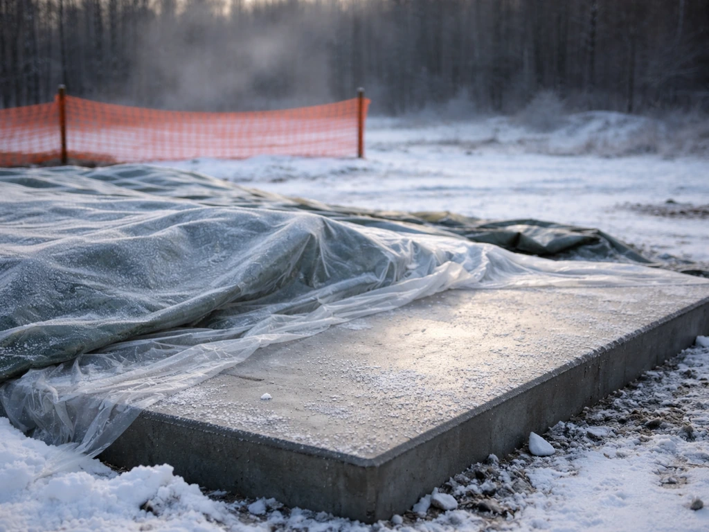 Winter exterior showing a concrete slab covered with frost-covered tarp near low-temperature conditions