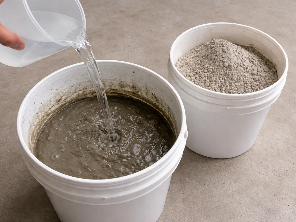 DIY cement mix: water pouring into a bucket over gray powder, suggesting excess water in the mix.
