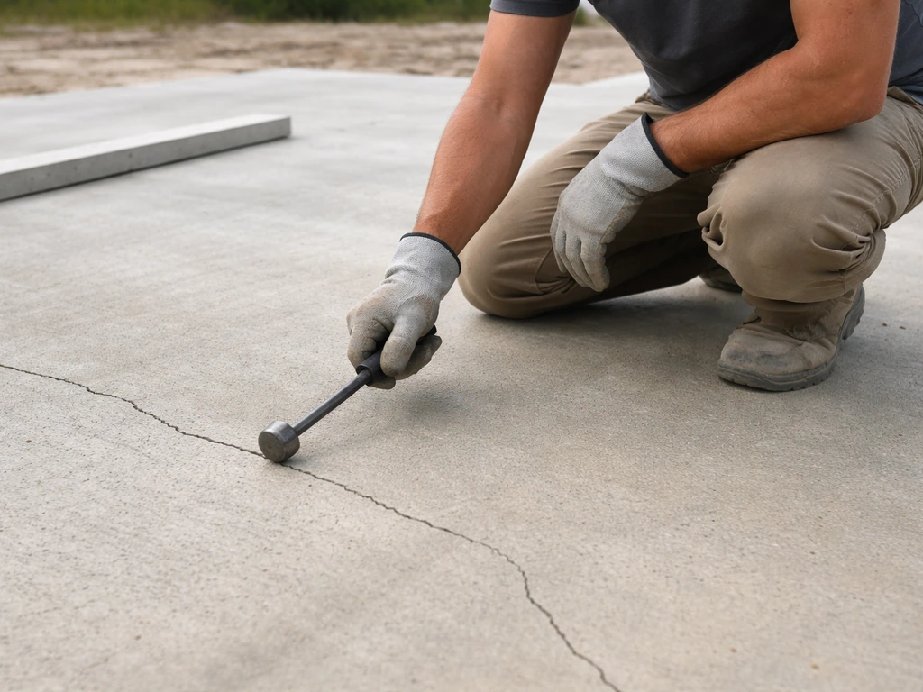 Anonymous concrete contractor inspecting a fresh slab with a small hammer near hairline cracks.