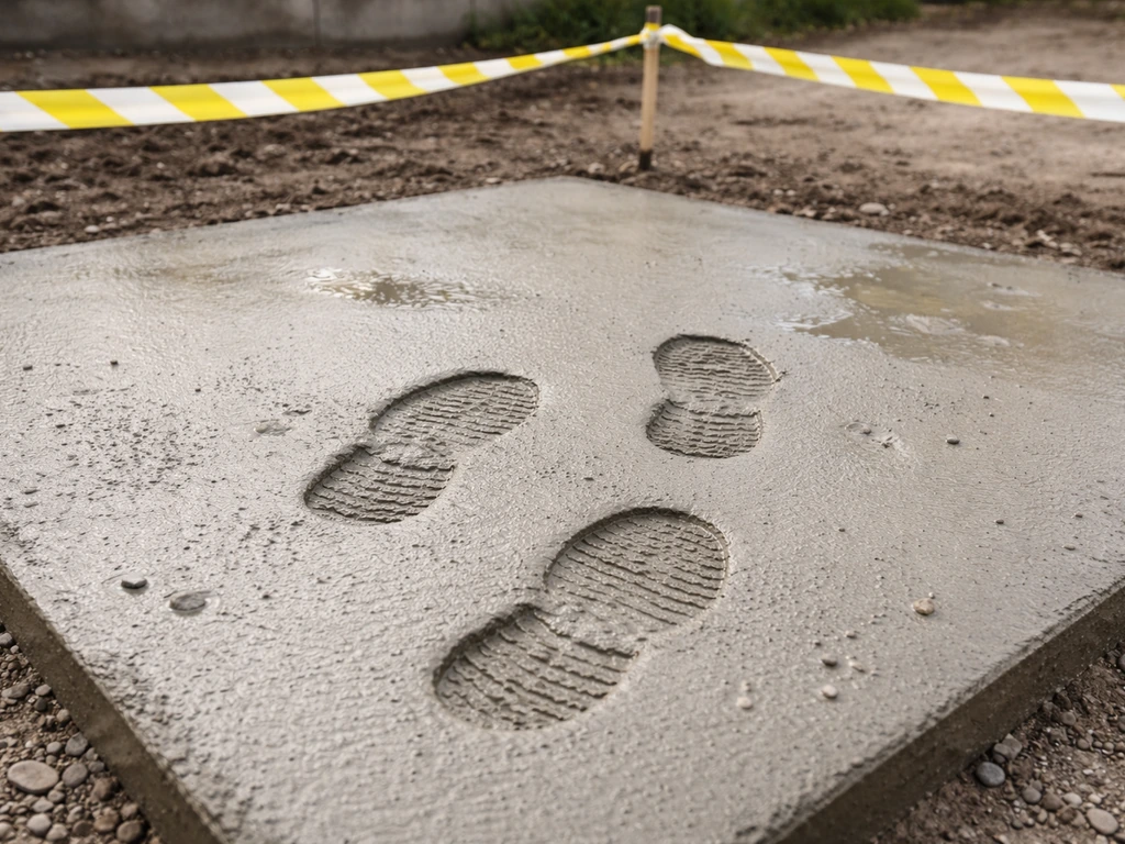 Fresh concrete slab with clear footprints, cordoned off by temporary barrier tape to suggest early-walking damage.