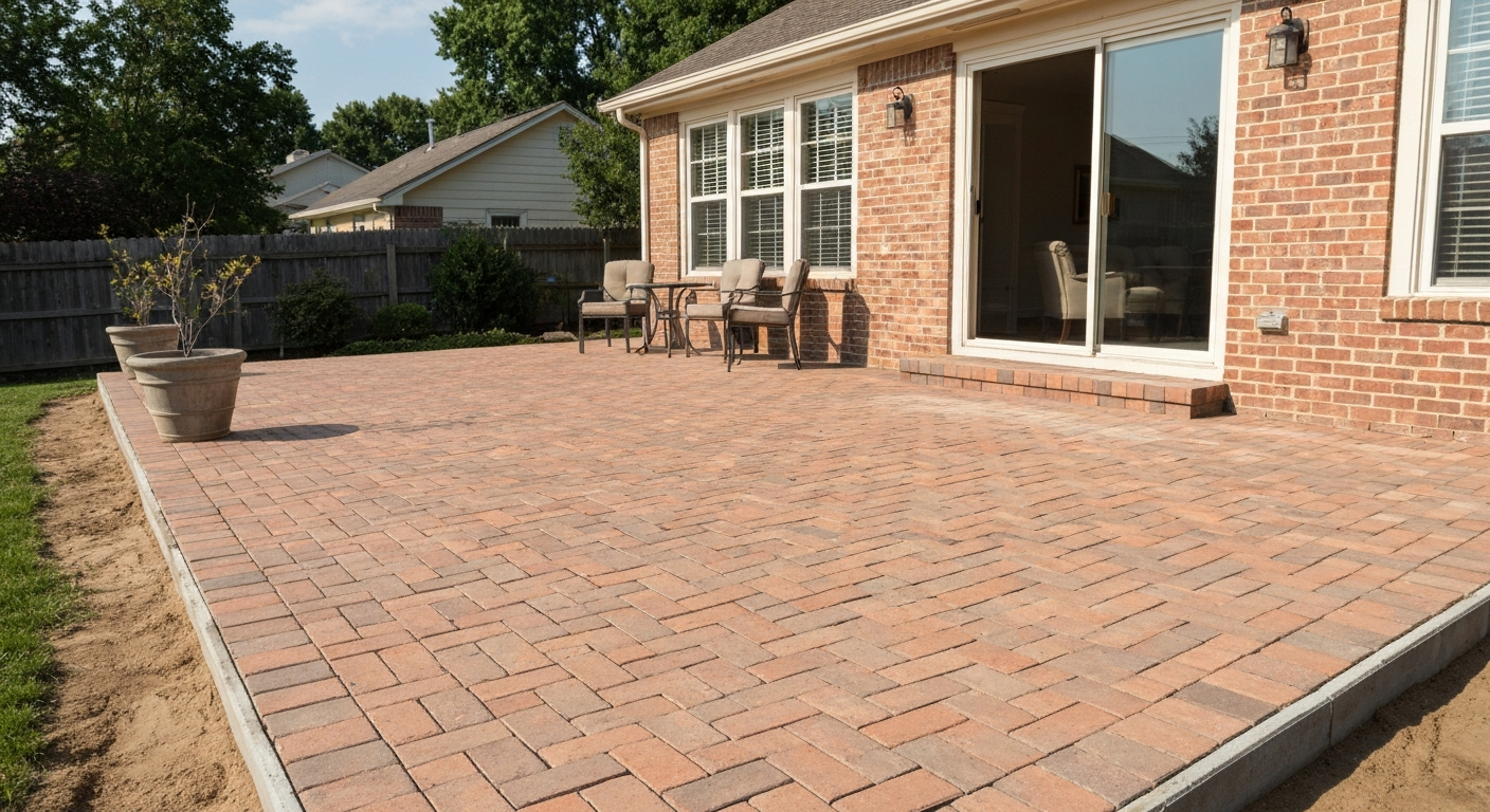 Newly rebuilt brick patio in herringbone pattern with neat joints, edge restraint, and gentle slope away from house, viewed from an elevated 3/4 angle.