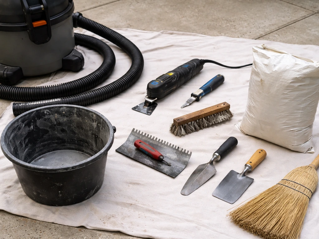 DIY patio grout repair tools laid out on a tarp, including an oscillating multi-tool, grout rake, brush, and filler.