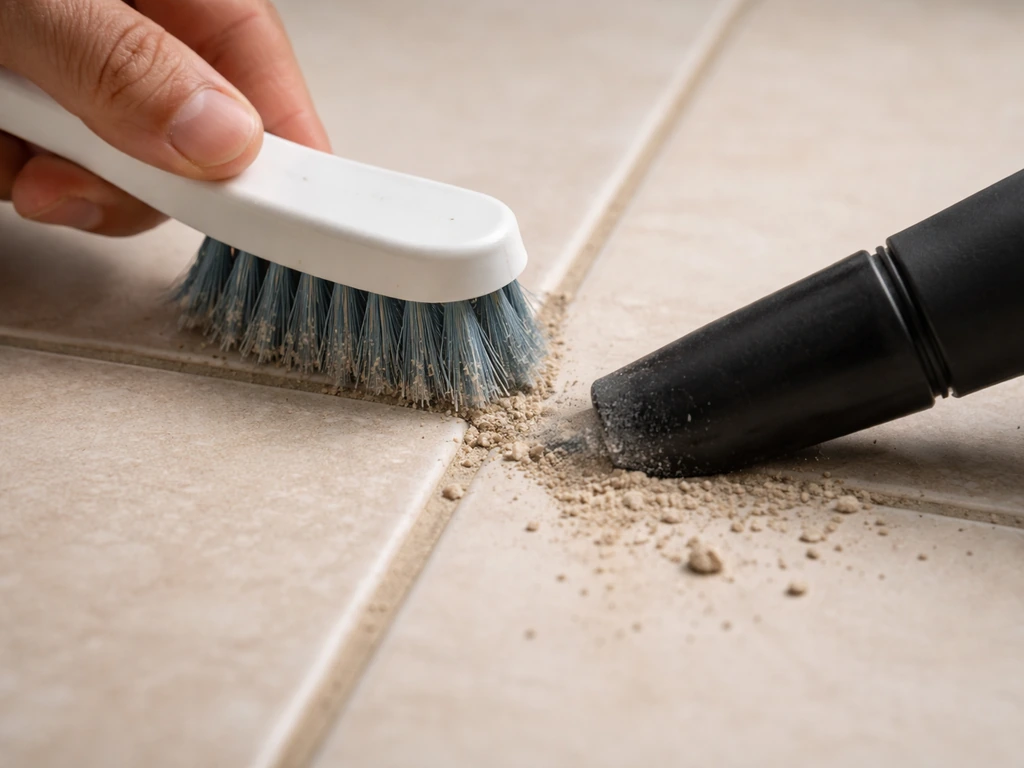 Close-up of tile grout joints being cleaned with a stiff brush and a shop vac nozzle removing dust.