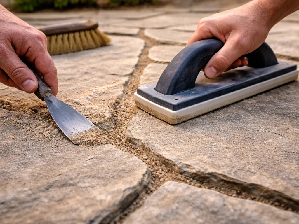 Close-up of a trowel smoothing polymeric grout into patio stone joints after regrouting.