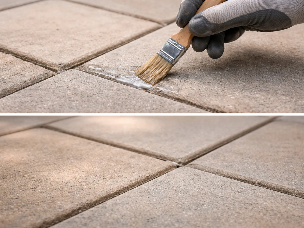 Gloved hand brushing sealant into patio grout joints, with clean sealed lines ready to last