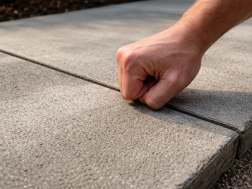 Close-up of a hand tapping a patio slab, with solid and hollow-looking concrete areas visible.