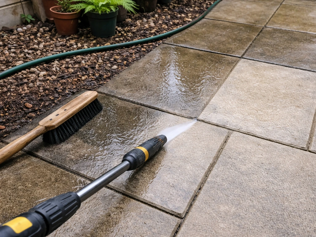 Patio pavers being rinsed with a hose and scrubbed at the joints, showing wet and cleaned areas.