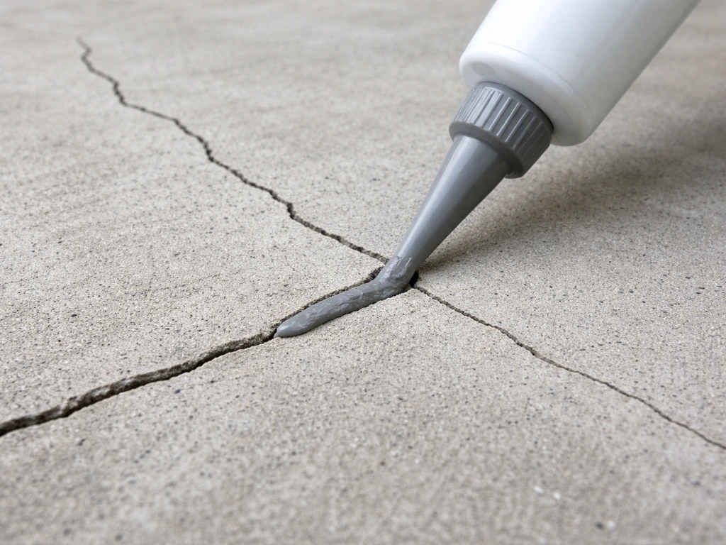 Close-up of hairline concrete cracks with gray crack filler from a squeeze tube being smoothed into one crack