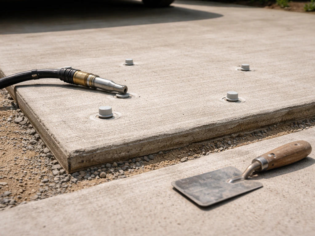Small sunken slab section being lifted for leveling, with capped injection holes and visible re-bedding layers.