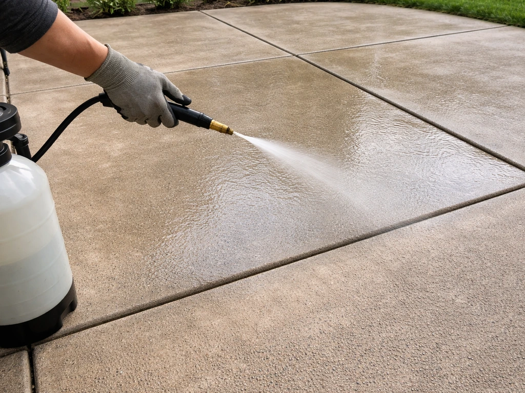 Gloved arm sprayer applying penetrating patio sealer, wet sheen on dry concrete near clean joint edges.